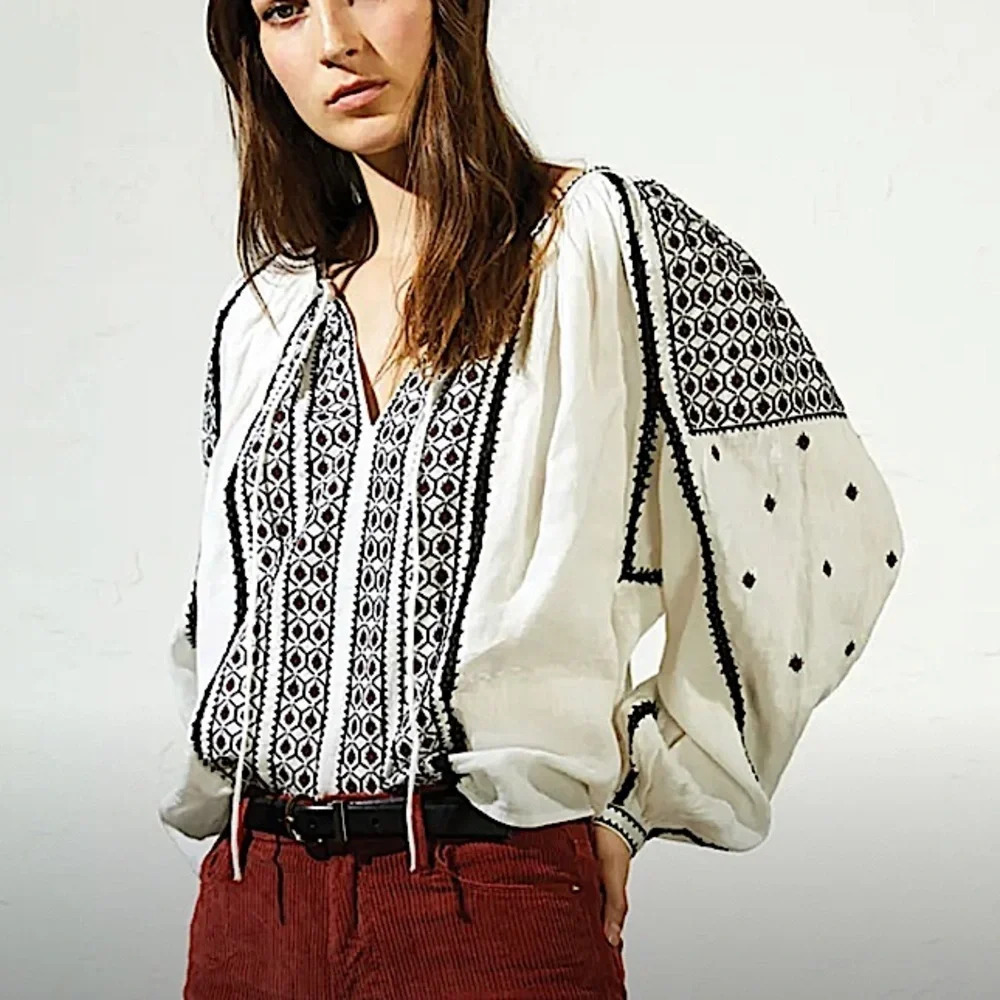 Frame Anita Peasant Oversized Long Sleeve Blouse Linen Embroidered​